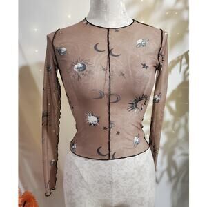 Full Tilt Sheer Mesh Celestial Sun Moon Crop Long Sleeve Top Size XS Beige Tan